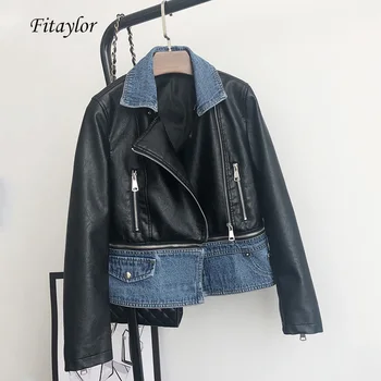 

Fitaylor New Autumn Turndown Collar Faux Soft Leather Women Denim Patchwork Faux Pu Biker Collar Hem Detachable Coats Outwear