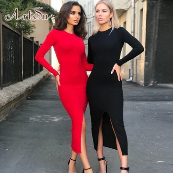 

ArtSu Fashion Red Black Long Sleeve Dress Elegant Women Backless Bodycon Dresses Split Midi Vestidos Streetwear ASDR23043