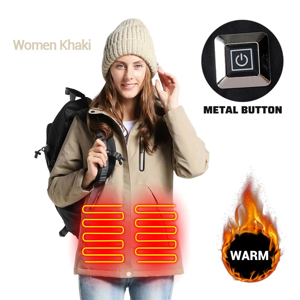 Women Khaki Мотоциклетная куртка для мужчин и женщин электрическая тепловая одежда с капюшоном USB инфракрасное Отопление Водонепроницаемая зимняя мотоциклетная куртка Chaqueta Moto - Цвет: Women Khaki