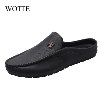 

WOTTE Summer Men Slippers Casual Leather Slippers Flat Soft Slip-on Sandals Black White Slides Light Shoes zapatos de hombres