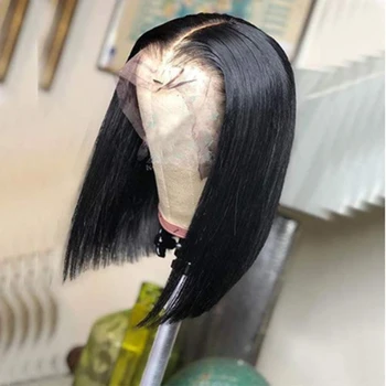 

Jet Black Short Bob Lace Front Wigs Pre Plucked HairlineFor Women Natural Peruvian Remy Hair Straight For Black Women Daily Wig