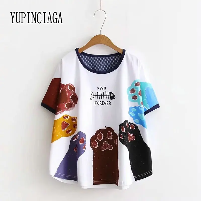 

YUPINCIAGA Preppy Style Cute Cartoon Cat Footprint Fish Bone Print Loose Cotton Short-sleeved Tshirt Women O-Neck Femme Tops Tee