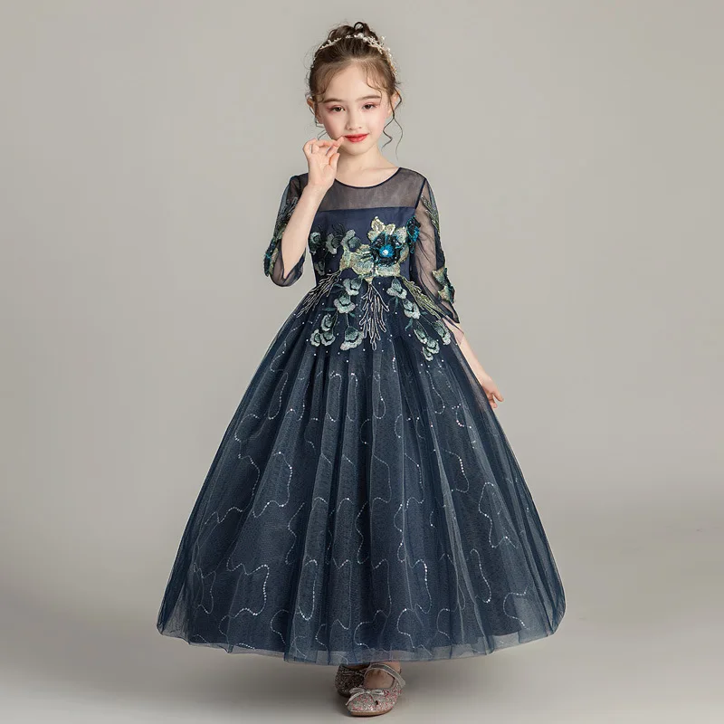 

It's YiiYa Lace Flower Girl Dress for Wedding Elegant Illusion Half-sleeve Sequines Tulle Kid Party Communion Gown 2019 1716
