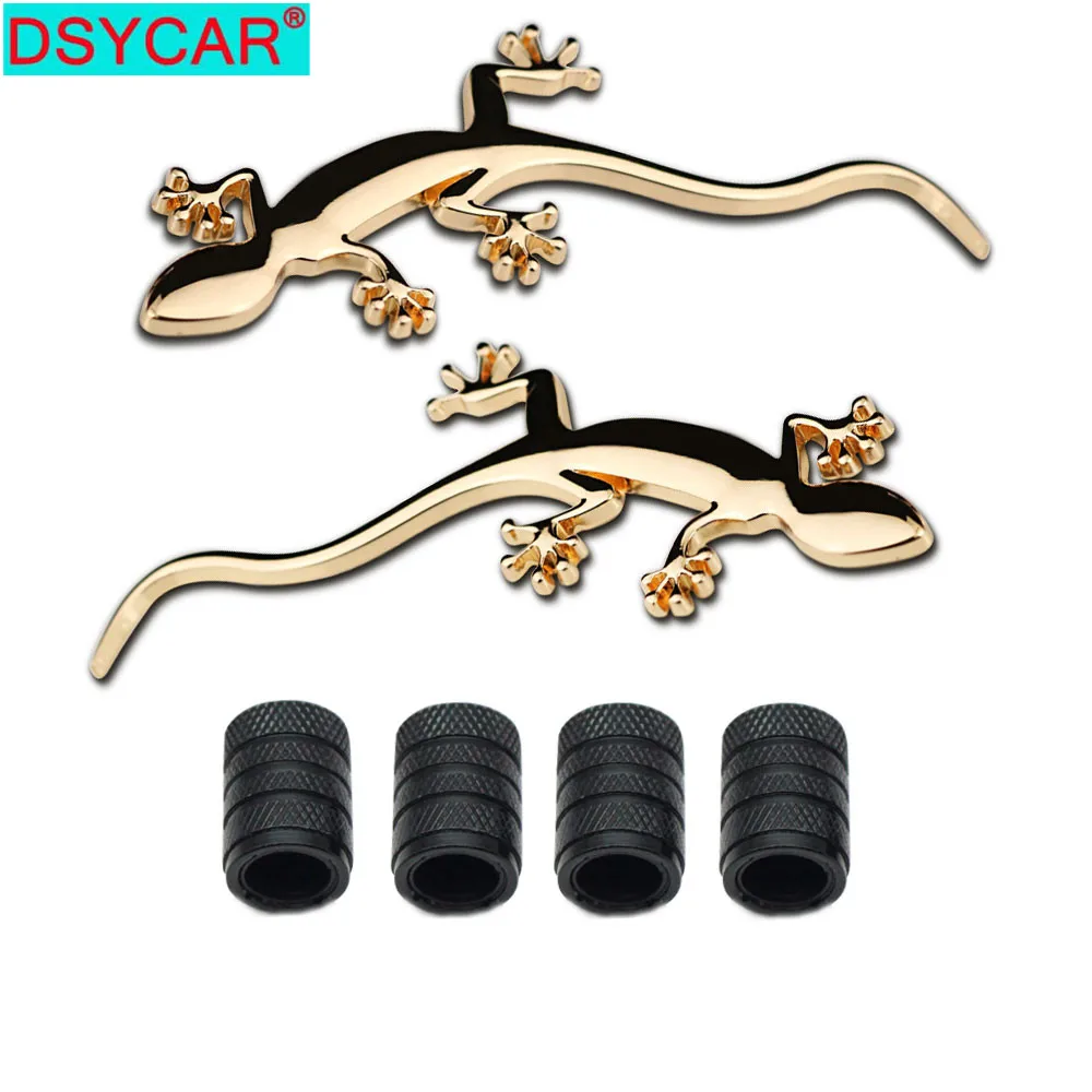 

Dsycar 1Pair 3D Metal Gecko Logo Car Badge Emblem Sticker +4Pcs Knurled Style With Plastic Core Valve Caps for Universal Car