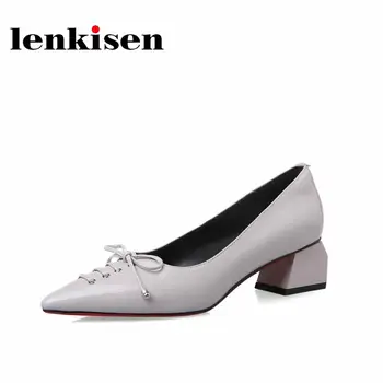 

Lenkisen 2020 genuine leather simple style pointed toe med heels solid cross-tied decoration French romantic spring pumps L69