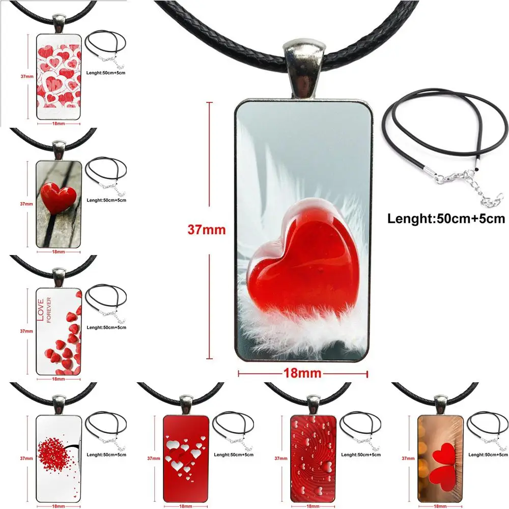 Red Valentine Hearts Fashion Glass Cabochon Pendant Rectangle Necklace Choker Jewelry For Kids Beads | Украшения и аксессуары