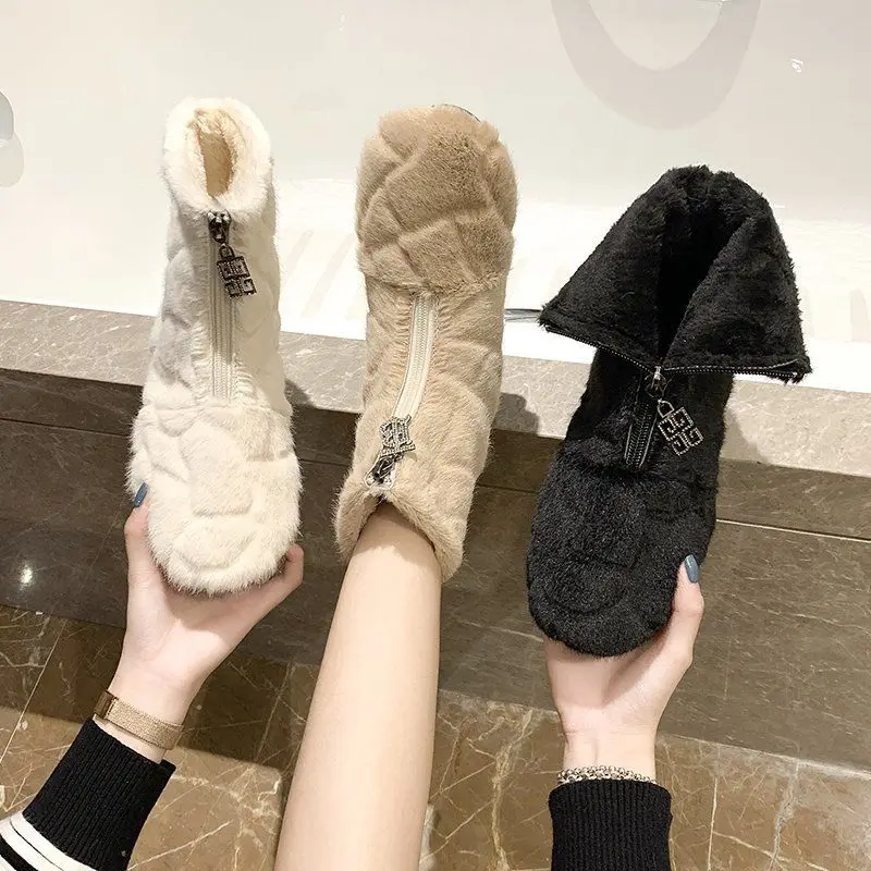 New Winter Cotton Boots Women's Fur Short Boots Soft Bottom Comfort Front Zipper Mink Fur Snow Boots Slip On Women Boots Fashion