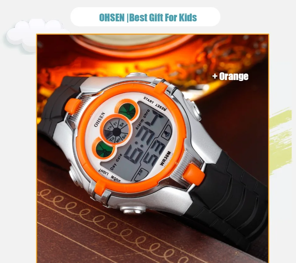 Детские спортивные часы OHSEN для мальчиков и девочек, водонепроницаемые черные наручные часы, светодиодный светильник, Многофункциональные цифровые часы с секундомером