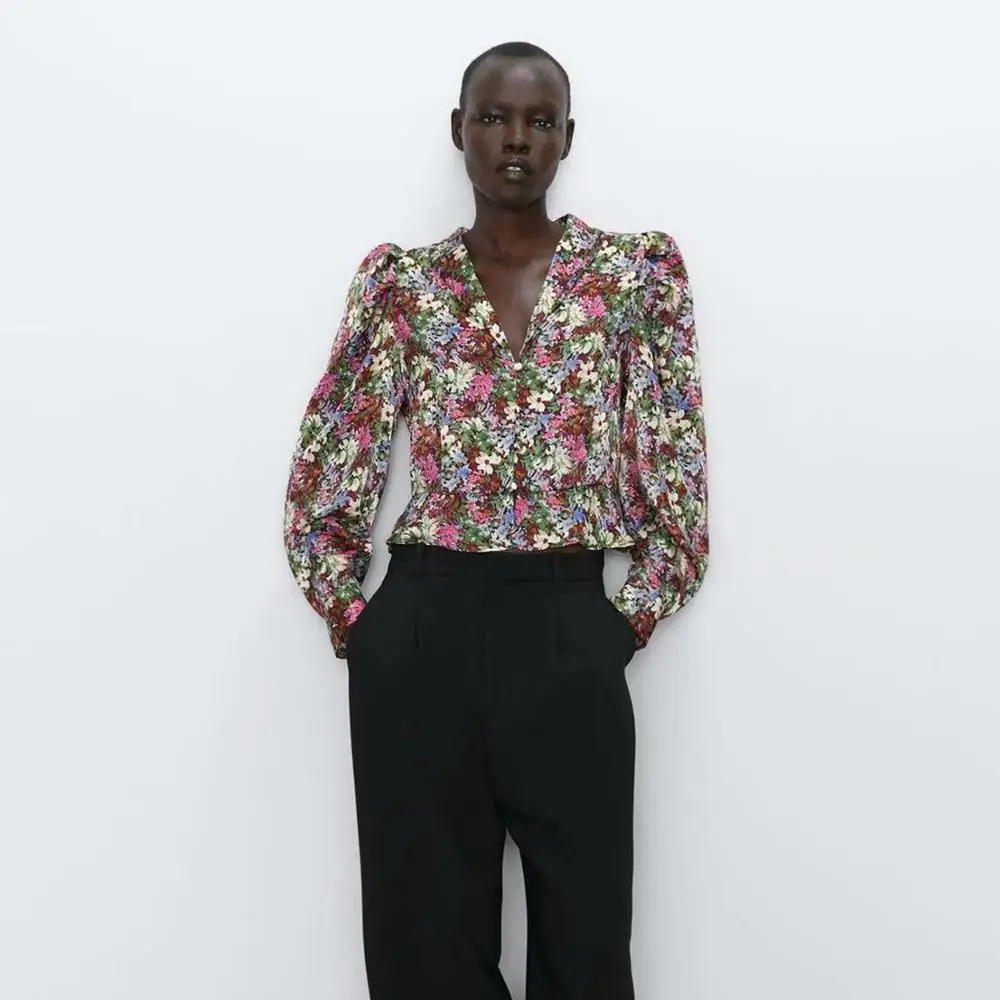 

2019 ZA Autumn Vintage Floral Print Blouses Lantern Sleeves Temperament Deep V Lapel Shirt Women Fashion High Street Pullover