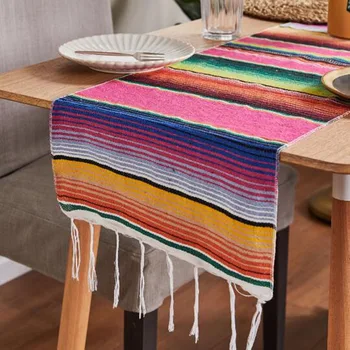 

Cotton Table Runner Mexico Style Stripe Rainbow Table Cloth Table Flag for Wedding Dinner Party Decoration Home Textile