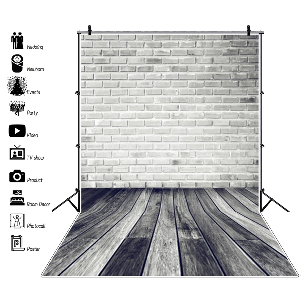Photo Backdrop Grunge White Brick Wall Wooden Floor Photography Backgrounds For Baby Pet Doll Food Portrait
