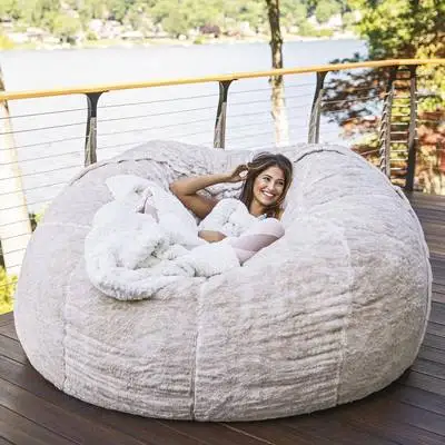 Dropshipping Giant Fur Bean Bag Cover Big Round Soft Fluffy Faux Fur BeanBag Lazy Sofa Bed Cover Living Room Furniture white 150X75cm
