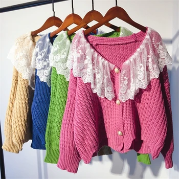 

Women knitted Cardigan Sweater Lace V neck Candy Colors Long sleeve Single Breasted Casual Sweaters Loose Coat Ladies Cardigans