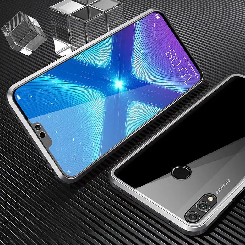 Silver Case Двухсторонний Магнитный 360 протектор для huawei Honor 8X Max 9X Pro закаленное переднее стекло для Honor 10 Lite Honor 20Pro view 20 чехол - Цвет: Silver Case