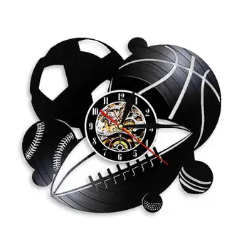 

Sport Ball Combo Vintage Vinyl Record Wall Clock Athlete Home Decor Gift Football Basketball Baseball Golf Ball Rugby Wall Clock