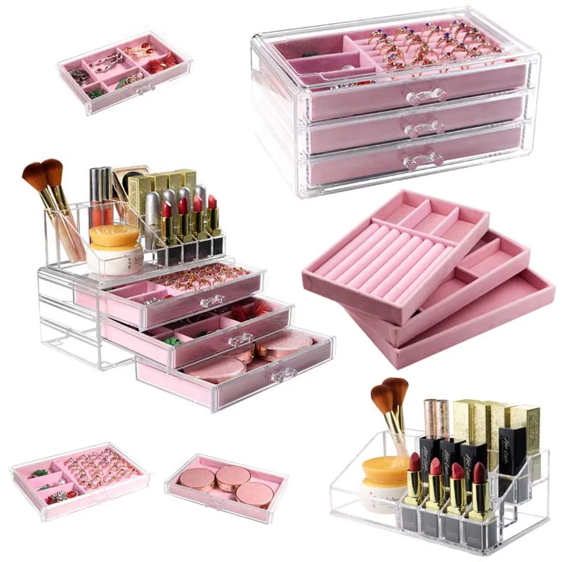 

Multifunction Acrylic Makeup Organizer Office Drawers Storage Jewelry Ring Watch Container Cosmetic Boxes Lipstick Flannel Case