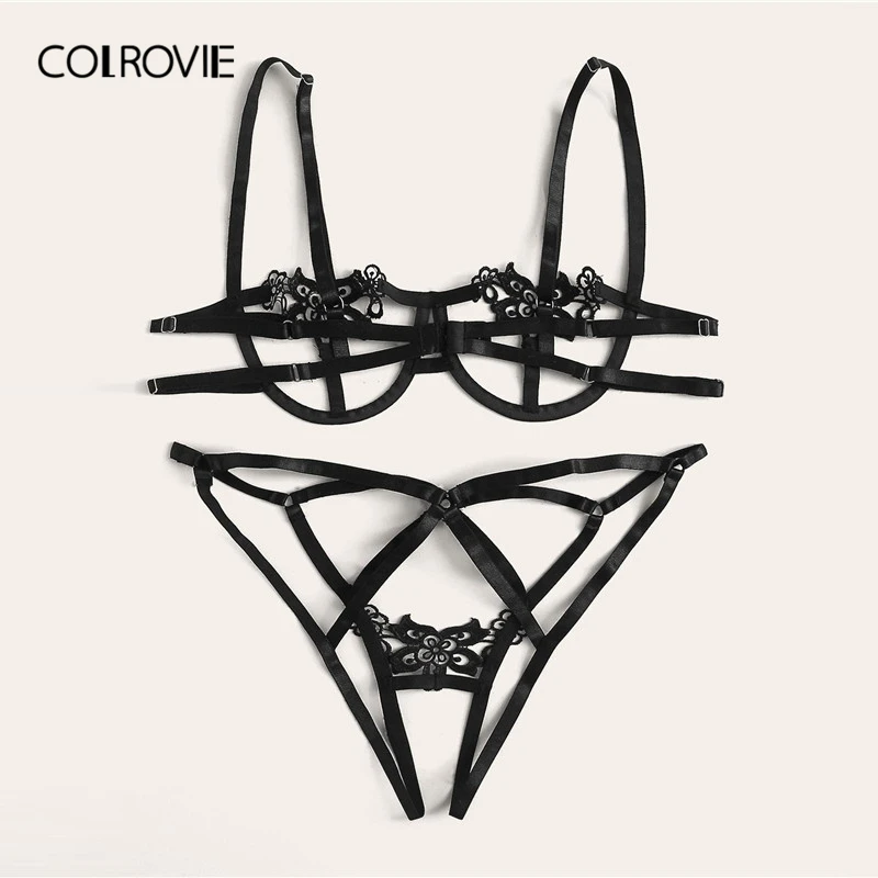 COLROVIE, набор женского нижнего белья на косточках с вырезами, новинка, одноцветные сексуальные комплекты, бюстгальтер и хипстеры, женский набор бюстгальтеров