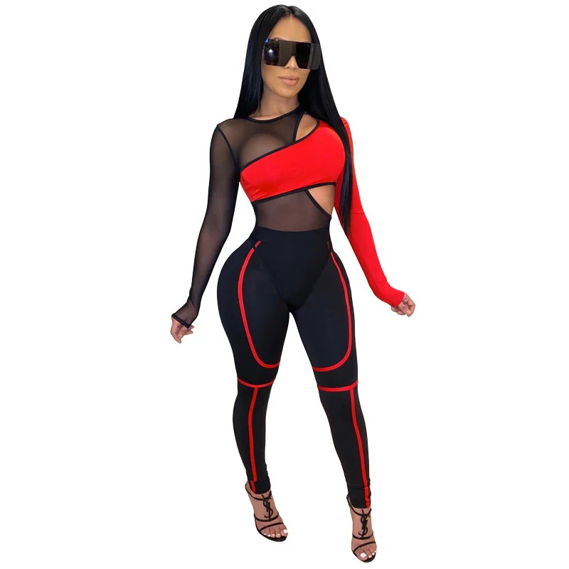 

New Color Block Mesh 2 Piece Stripe Set Bodysuit And Pants 2020 Hollow Out See Through Party Sexy Club Outfits For Women Set