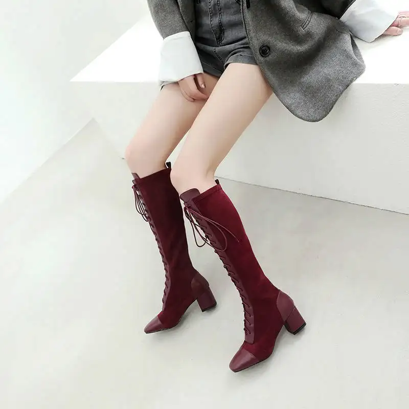 Dilalula Cow Leather Knee High Boots Women Autumn Winter Riding Boots Ladies Lace Up High Heels Autumn Stretch Long Boots