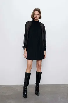 

2020 new Spring Summer European Small Pleated zaraing women Mini Dress sheining vadiming female black dress Hjh2623