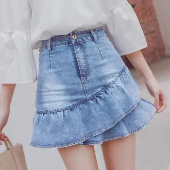 

Fashion Women Streetwear Big Size Cowboy Fishtail Short Skirt 2020 Summer New Woman High Waist A-line Lotus Leaf Edge Slim Skirt