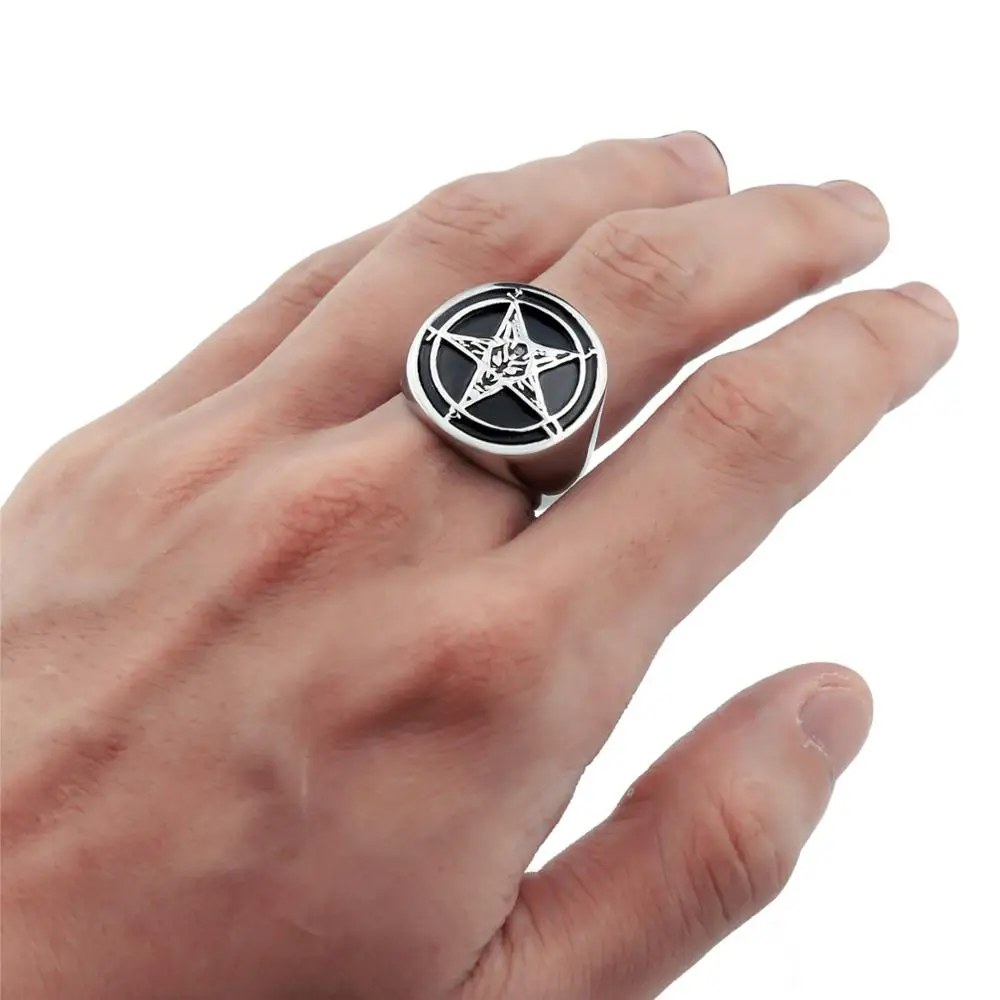 Mens Stainless steel ring Baphomet Goat Pentagram Satanic Leviathan Cross Devil Demon Star Biker Jewelry Size 7-15 Finger Ring Stainless Steel Ring Jewelry Accessories