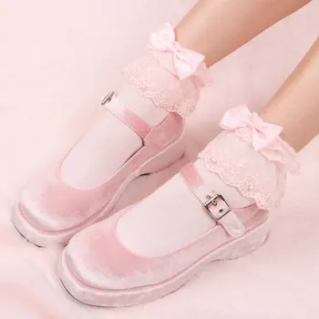 

Japanese New Lace Large Beaded Bowknot Short Socks Full cotton macrame socks Lolita Girls Sweet Solid color Heap heap socks