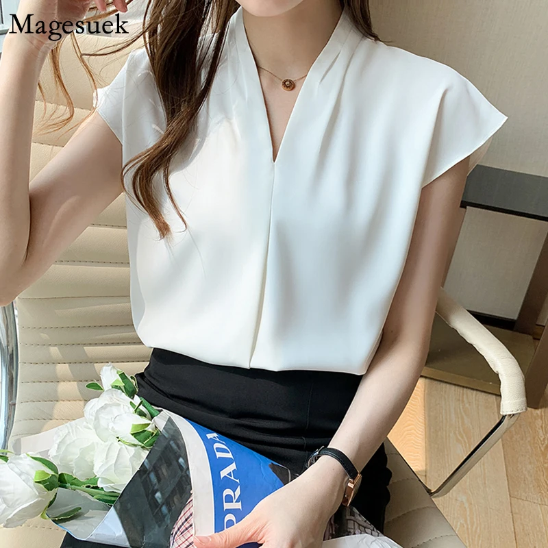 Blusa De De manga corta para verano, camisa elegante con cuello V para Mujer, color blanco y liso, 2021, 14341 - AliExpress de mujer