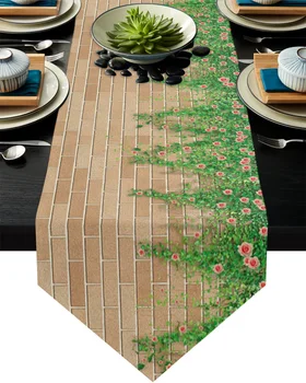 

Flowers Grass Green Leaves Wall Bricks Table Runner Home Decor Tablecloth Table Runners for Wedding Christmas Dining Table Decor
