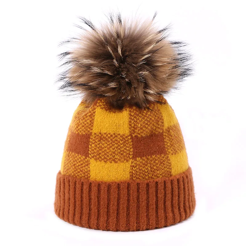Зимняя шапка с помпоном Skullies Beanie, Классическая клетчатая шапка для мужчин и женщин, теплая вязаная Толстая шапка с меховым помпоном