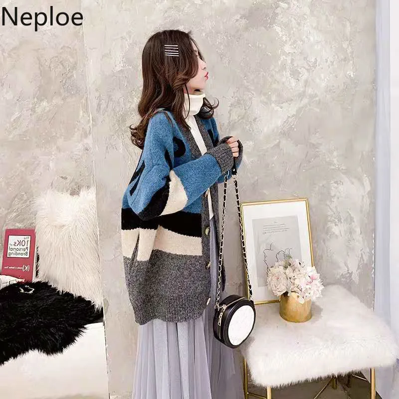 Neploe корейский Crazy style свободный тонкий свитер кардиганы женские средней длины лоскутное письмо Pull Femme вязаное зимнее пальто 46509