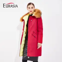 EURASIA 2019 Новая высококачественная женская зимняя куртка длинная одежда пальто с капюшоном из натурального меха енота толстые парки красный