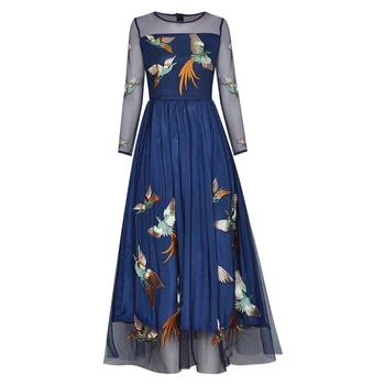 

Red RoosaRosee Designer Women new fashion round neck long sleeve mesh embroidery elegant big swing dress