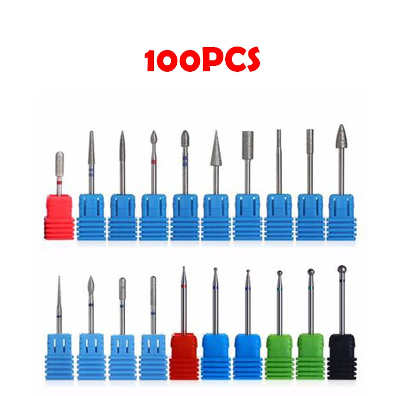 

100 Pcs Diamond Rotate Nail Drill Bit Electric Milling Burr Cuticle Clean Cutter for Manicure Machine Nail Files Tools