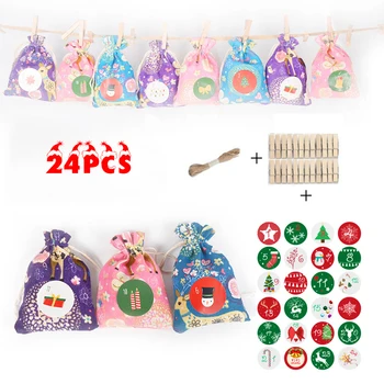 

24Pcs Linen bag Xmas Pattern Advent Candy Gift Hanging Decoration Rope
