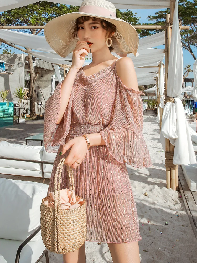 

2019 New Style South Korea Bathing Suit Women's Split Type Sequin Push up Split Type Triangular High-waisted Three-piece Set Bik