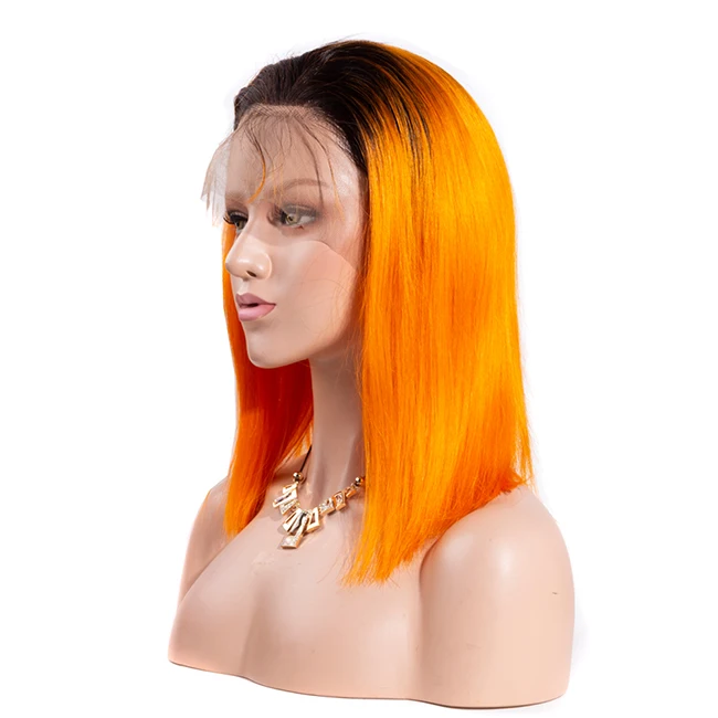 Recool 13X6 розовый Боб Синтетические волосы на кружеве парик предварительно вырезанные 613 блондинка синий и красный цвета серый с открытыми пальцами; цвета оранжевый, зеленый, фиолетовый эффектом деграде(переход от темного к короткий боб парики из натуральных волос - Цвет: 1B Orange