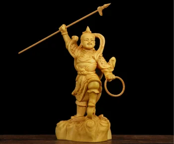 

4.7" Chinese Box-wood Hand-carved Myth Characters Prince Ne Zha God Statue