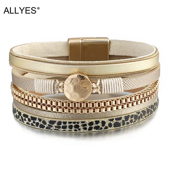

ALLYES Multilayer Snake skin Pattern Leather Bracelets for Women Trendy Metal Chain Charm Round Wrap Bracelet Fashion Jewelry