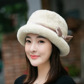

H7774 Middle Aged Old Women Bucket Hat Autumn Winter Warm Thickened Thermal Bowknot Fisherman Cap Female Outdoor Elegant Hats