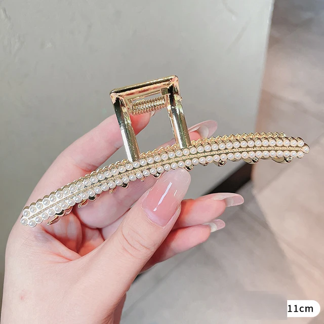 AWAYTR Rhinestone Metal Hair Claw Crab Clip For Women Girls Shiny Barrette Hairpin Crystal Pearl Hair Accessories Jewelry Gift CB0931D 11cm