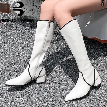 

BONJOMARISA Ladies Genuine Leather Pointed Toe Brand Mid Calf Boots Fashion White Zipper Boots Women Winter Low Heel Shoes Woman