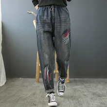 Осень-зима, джинсы для женщин, Ретро стиль, эластичный пояс, облегающие джинсы, новинка, вышивка, карман, поцарапанные, повседневные женские брюки