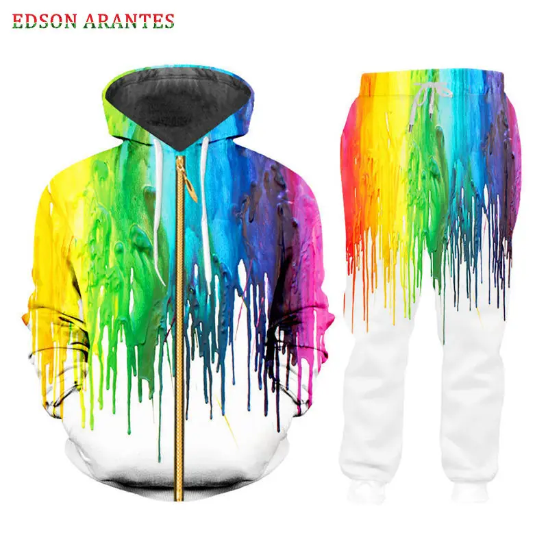 Custom S-7XL Mens Sets Rainbow Splash Print Hoodie Sweatshirt +Jogger Pants 2 Pcs Sets Unisex Casual Zipper Jackets Tee Tank Set (7) - 副本