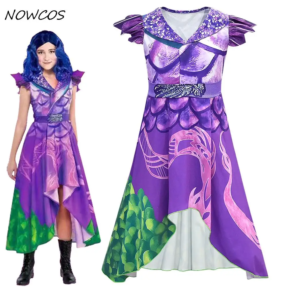 Acheter Enfant filles Descendants 3 Cosplay violet robe Costume 3D imprimé Costume enfants filles Halloween mascarade robe à manches courtes