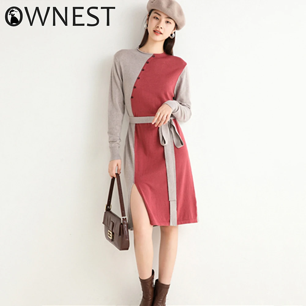 

Ownest Autumn Winter Warm Women Dress Knitted O-neck Long sleeve Mid-length Pacthwork Warm Sashes Split Cashmere Dress 2020 New