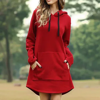

Autumn Winter Coat Sweet Hooded Women style ladies' new large women's loose solid color pocket long sleeve fleece dress female