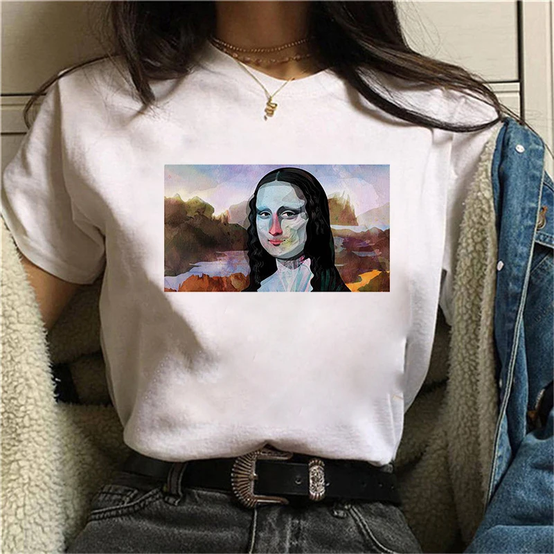 Women's T-shirt Mona Lisa Theme Print T-shirt Clothes White TShirt Harajuku Graphic T-shirt Fashion   Landscape T-shirt Female