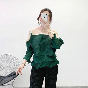 

Pleated Color Blocking Top 2020 New Spring Top Women's Diamond Pleated T-shirt Trend