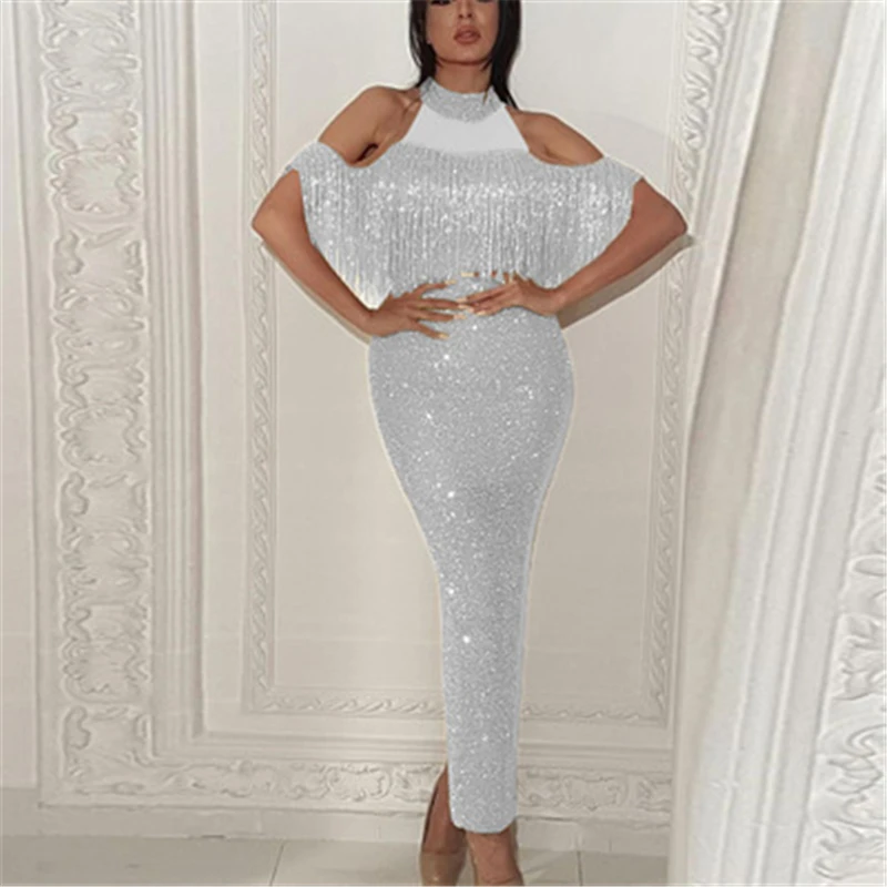 Женское винтажное вечернее платье Элегантное Длинное Сетчатое с бахромой